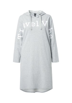 Grijze hoodie-jurk met lange mouwen, met witte tekst "Travel Vibe". Gemaakt van zachte stof, heeft een ontspannen pasvorm en een afgeronde zoom.