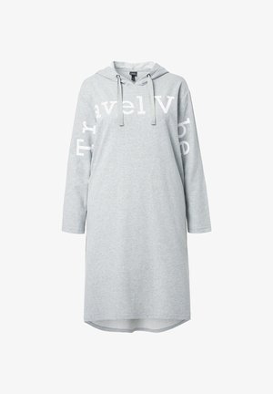 Vestito con cappuccio grigio a maniche lunghe, con la scritta "Travel Vibe" in bianco. Realizzato in tessuto morbido, ha una vestibilità rilassata e un orlo arrotondato.