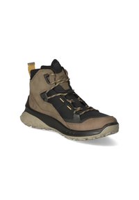 Hochgeschnittene Wanderschuhe aus braunem und schwarzem Mesh, mit Gummisohle, strukturiertem Obermaterial, Schnürsenkeln und einer Schlaufe hinten.