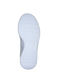 Sole di scarpa in gomma bianca con superficie testurizzata, caratterizzata da scanalature orizzontali e un logo centrale. Bordo liscio e forma della punta arrotondata.