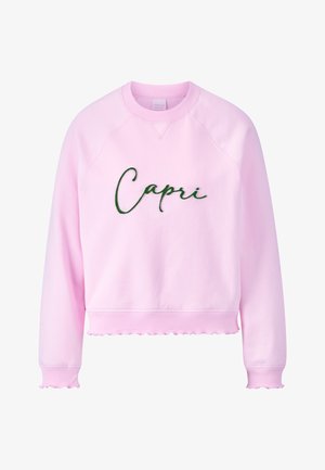 Rózsaszín pulóver bordás szegéllyel és mandzsettákkal, hímzett zöld "Capri" felirattal. Könnyű anyag, enyhén cropped kialakítással.