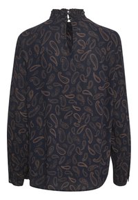 Langærmet marineblå bluse med et paisley-mønster i bronze, med en flæsekrave og en nøglehul-kranslukning på ryggen.