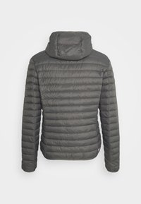 Padded gray jacket with a hood, featuring a quilted texture and ribbed hem. Includes a logo near the bottom left side.