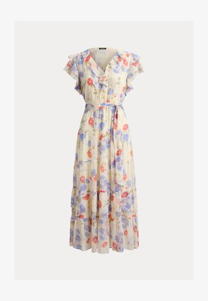 Maxikjole med blomstertrykk i blek gul bunnfarge, volangærmer, v-hals og innsvingt midje med belte. Flere lagdelte lag.