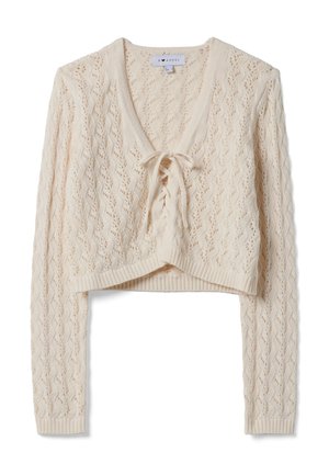 Roomkleurig gebreid cropped vest met lange mouwen en een striksluiting bij de V-hals, voorzien van een kanten patroon en geribde randen.