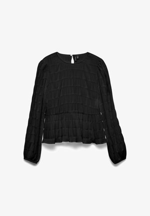 Svart bluse med lange, puffede ermer; har et teksturert, plisserte design med rund hals og en nøkkelhullslukking bak.