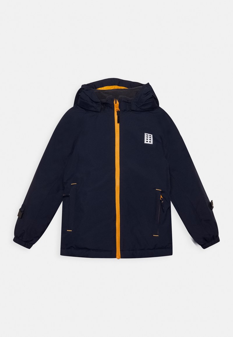 Navy blue hooded jacket with orange zipper, two front pockets, and logo patch on left chest, displayed flat on white background.
