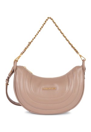 Hobo bag in light beige leather with curved design, gold chain strap, and stitched detailing. Brand logo in gold at the center.