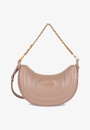 Hobo bag in light beige leather with curved design, gold chain strap, and stitched detailing. Brand logo in gold at the center.