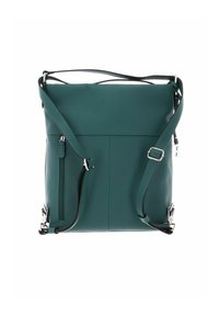 Sac à bandoulière en cuir bleu sarcelle avec une finition texturée, doté de sangles ajustables et d'une poche zippée frontale. Design rectangulaire simple.