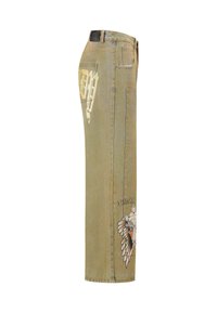 Khaki denimové džíny s vyšívaným designem křídel na levé noze, se straight střih a pěti kapsami, a kovovým sponovým páskem.