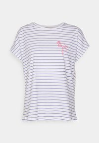 White T-shirt with horizontal blue stripes, short sleeves, a relaxed fit, and a pink flamingo embroidery on the left chest.