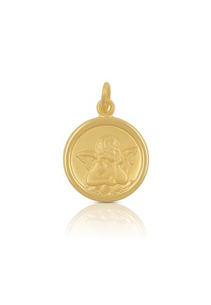 Goldrunder Anhänger mit einem geprägten Cherub, der sein Kinn auf eine Hand stützt, kleine Öse oben für eine Kette.