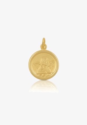 Goldrunder Anhänger mit einem geprägten Cherub, der sein Kinn auf eine Hand stützt, kleine Öse oben für eine Kette.
