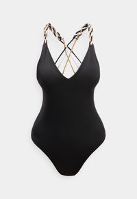 Sort badedrakt med dyp V-utringning og flettede stropper i beige, hvitt og svart som krysser bakpå, på en lys bakgrunn.