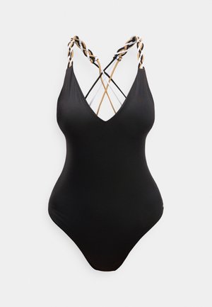 Must mustakirju ujumistrikoo, millel on sügav V-kaelus ja tagant ristuvad paelad beeži, valge ja musta värviga heledal taustal.