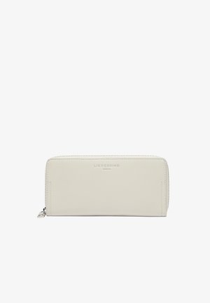 Jasnoszara skórzana portmonetka z zamknięciem na zamek, gładką fakturą i wytłoczonym logo marki z przodu. Prostokątny kształt z czystymi liniami.