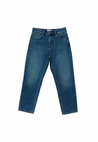 Jeans de denim azul con un corte relajado, piernas rectas, cinco bolsillos y un ligero desvanecimiento. Presentan una cinturilla clásica y presillas para cinturón.