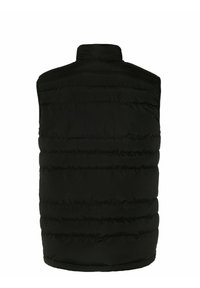 Czarna, ocieplana kamizelka z wysokim kołnierzem, posiadająca pikowany wzór i gładką fakturę. Brak widocznych elementów hardware'owych lub akcentów.