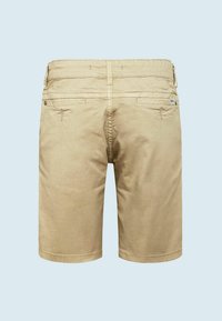 Beige bavlněné šortky, délka do poloviny stehna, s hladkou texturou, dvěma zadními kapsami a jemnými švy.
