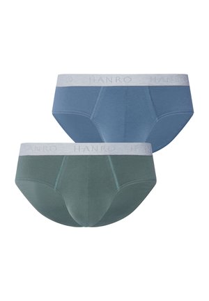 Deux slips pour hommes, l'un en bleu discret et l'autre en vert discret, tous deux avec une ceinture élastique gris clair estampillée "HANRO".