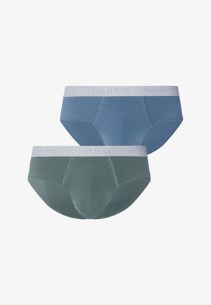 To par herreunderbukser, den ene i afdæmpet blå og den anden i afdæmpet grøn, begge med lysegrå elastiske linninger med mærket "HANRO".