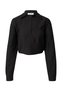 Schwarzes, kurz geschnittenes Hemd mit langen Ärmeln, einem Kragen und einer diagonalen Vorderseite mit fünf Knopfakzenten. Hergestellt aus strukturiertem Stoff.