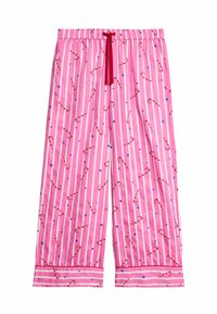 Różowe w paski spodnie piżamowe z wzorami w cukierki i niebieskie gwiazdki, z elastycznym pasem i luźnym krojem. Gładki bawełniany materiał.