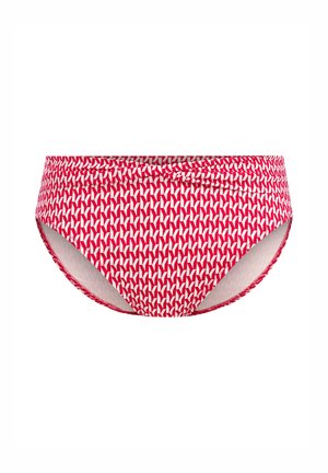 Red bikini bottom featuring a geometric white pattern, elastic waistband, and smooth texture. Designed for comfort with a fitted shape.