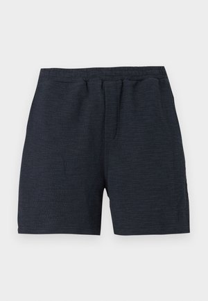 Σκούρα ναυτικά σορτς από υφή υφάσματος με ελαστική μέση και πλαϊνές τσέπες. Απλός σχεδιασμός με άνετη εφαρμογή.