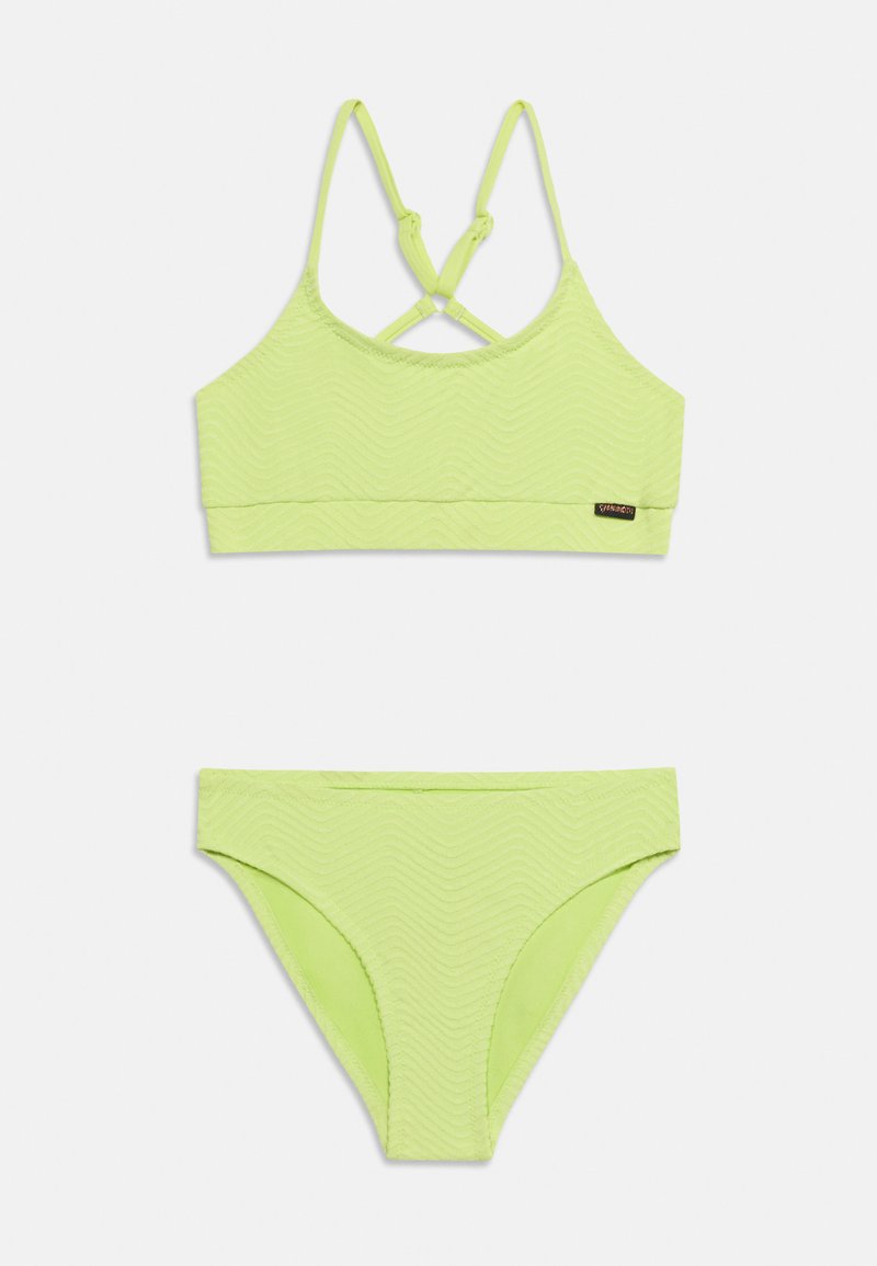 Ensemble bikini vert citron texturé avec un haut style brassière de sport doté de bretelles croisées réglables et un bas assorti taille haute.