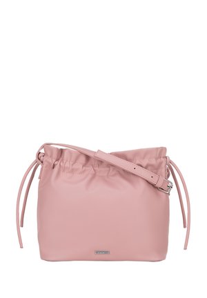 Borsa a spalla in pelle rosa con chiusura a cordoncino, texture liscia, tracolla regolabile e un piccolo dettaglio del logo metallico.
