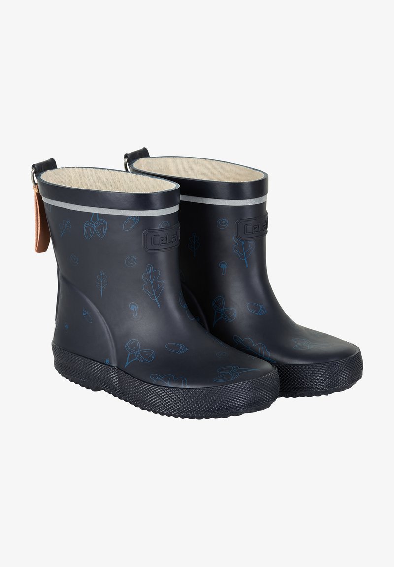 Dunkelblaue Gummi-Regenstiefel mit einer strukturierten Sohle, dezenten Blatt- und Eichelmustern sowie einem kontrastierenden hellgrauen Band am oberen Rand.