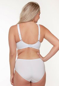 Lichtgrijs lingerie set met een basisvorm beha en hoge taille slip. Soepele stof met verstelbare banden en haaksluiting op de rug.