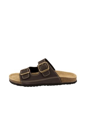 Sandale à glissière marron avec deux sangles à boucle réglables, semelle intérieure beige rembourrée et semelle noire texturée.