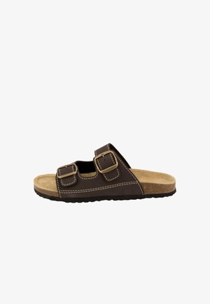 Brun slidesandal med to justerbare spænderemme, beige polstret fodseng og sort tekstureret sål.