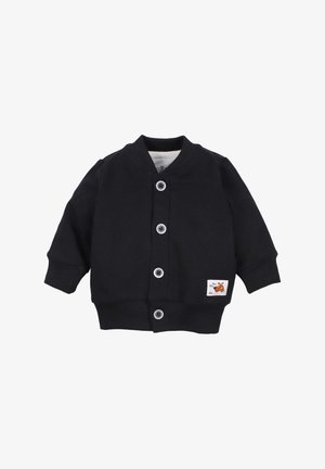 Cardigan in cotone nero con colletto e polsini a costina, chiusura con cinque bottoni e un'etichetta a tema animale sulla parte anteriore inferiore.