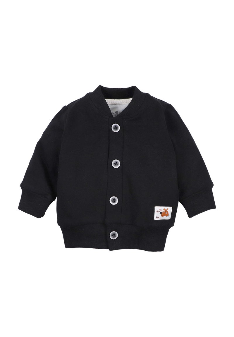 Czarny bawełniany kardigan z prążkowanym kołnierzem i mankietami, zapięcie na pięć guzików oraz mała naszywka z motywem zwierzęcym na dolnym przodzie.