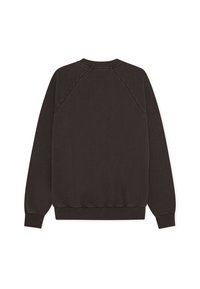 Σκούρο καφέ μακρυμάνικο φούτερ με στρογγυλή λαιμόκοψη, ριμπ μανσέτες και τελείωμα, εμφανιζόμενο από πίσω σε λευκό φόντο.