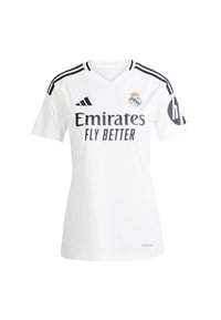 White soccer jersey with black accents, featuring a V-neck, three striped shoulder design, and "Emirates Fly Better" logo on the front.
