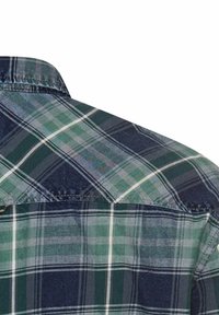 Ruitjesoverhemd met groene en marineblauwe vierkanten, met witte accenten. Gemaakt van stof met een gladde textuur en een knoopsluitingkragen.