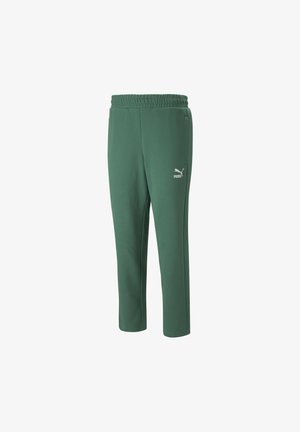 Zelené sportovní kalhoty s texturovaným povrchem, elastickým pasem a bílým logem Puma na levém stehně. Délka do poloviny lýtek.