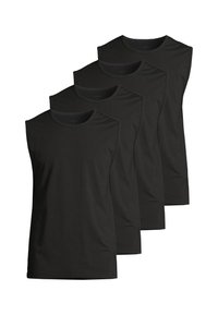 Sorte ærmeløse toppe i en pakke med fire, lavet af blødt bomuldsblandingsstof, med rund halsudskæring og et glat, minimalistisk design.