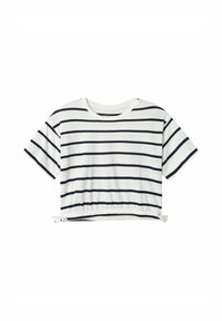 Gestreepte short-sleeve crop top in wit en marineblauw, met een verzamelde zoom met verstelbare banden en een ronde hals ontwerp.