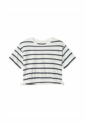 Pasekowy krótki top na krótki rękaw w kolorze białym i granatowym, z gatheringowym dołem i regulowanymi troczkami oraz klasycznym okrągłym dekoltem.