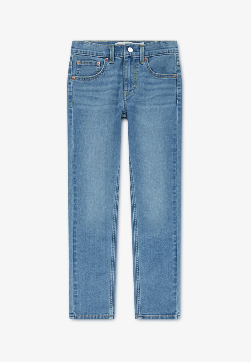 Blauwe denim jeans met een rechte pasvorm, vijf zakken en metalen accessoires. Heeft een lichte wassing met subtiele vervaging en stikselaccenten.