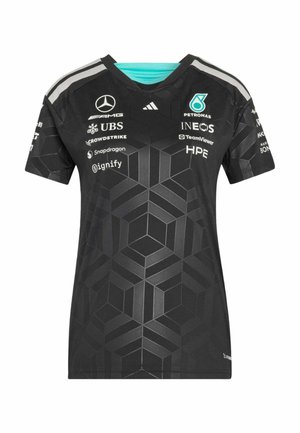 Maillot de sport à manches courtes noir avec un motif géométrique, col rond, intérieur turquoise, et divers logos de sponsors en blanc et bleu sarcelle.