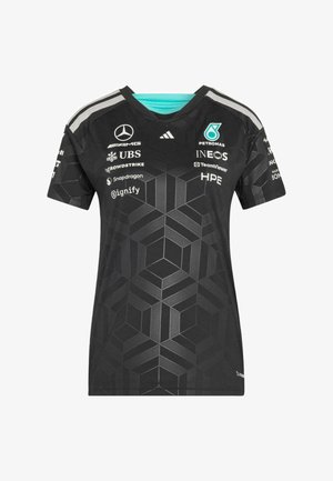 Maillot de sport à manches courtes noir avec un motif géométrique, col rond, intérieur turquoise, et divers logos de sponsors en blanc et bleu sarcelle.