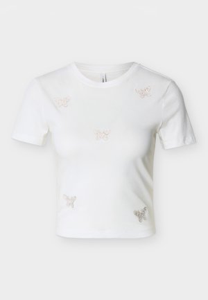 Λευκό κοντομάνικο crop top με πέντε μικρές πεταλούδες από στρας στο μπροστινό μέρος.