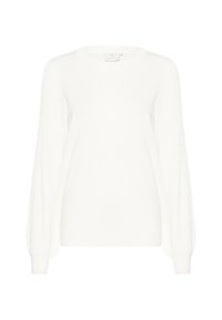 Vit tröja med rund halsringning och texturerade ballongärmar. Tillverkad av mjukt tyg, med ribbade ärmslut och nederkant.